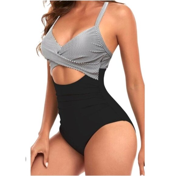 Eomenie Womens Med One Piece Swimsuit Wrap Tie Back Black & White Stripes - Picture 3 of 9